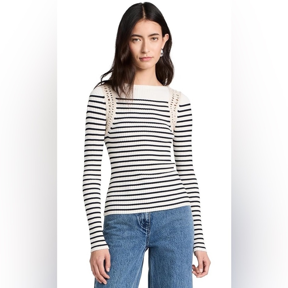 A.L.C Isa Striped Long-Sleeve Ribbed Jersey Knit Navy Blue Bone White Top EUC XS